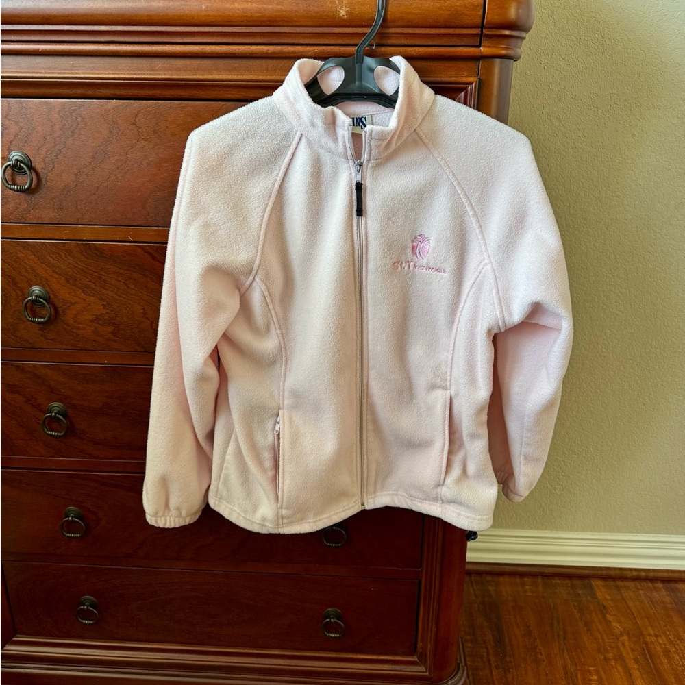 Austin’s soft pink, full zip ladies fleece with St. Thomas palm tree logo. Sz L.